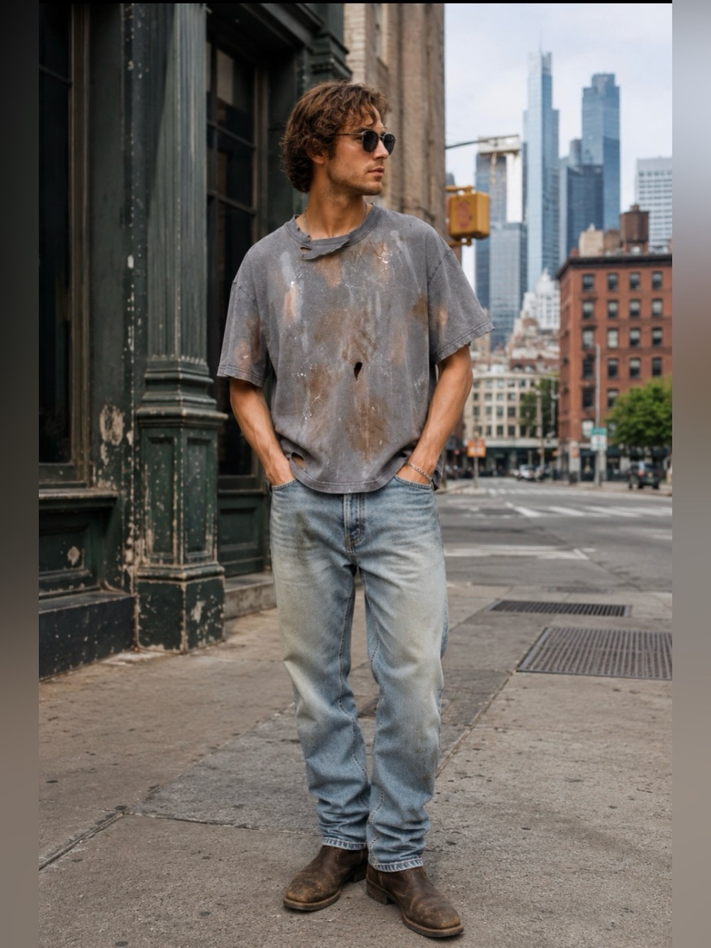 Urban Grunge Streetwear Thrashed/Destroye/Paint Splatter T Shirt